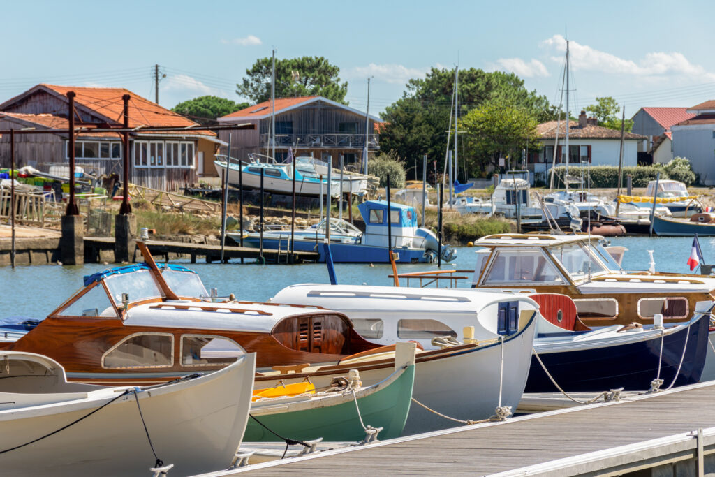 Traditional small boats called Pinasses in the port of La Teste-de-Buch, in Arcachon Bay