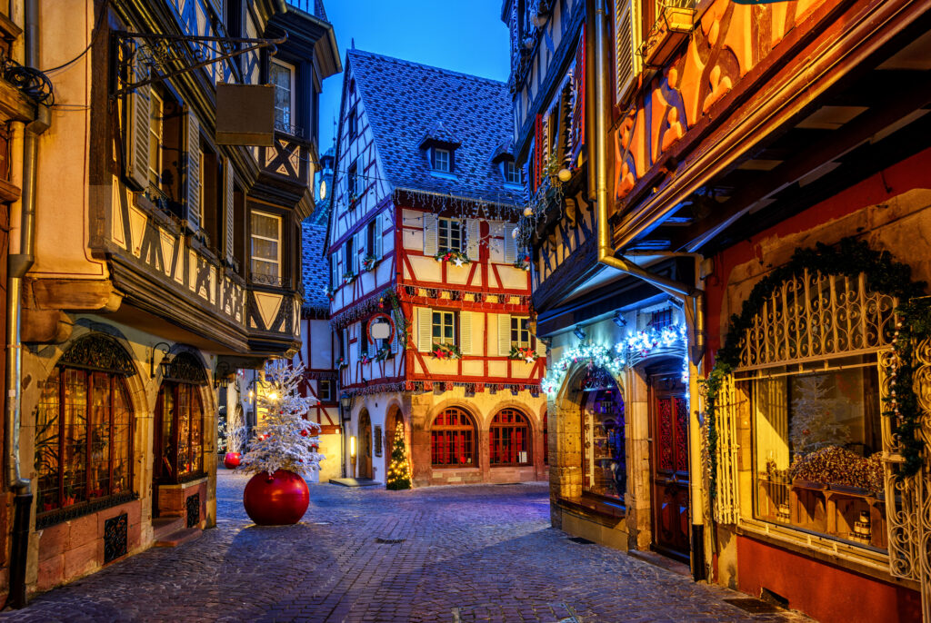 Traditional colorful half-timbered houses in Colmar old town during Christmas time