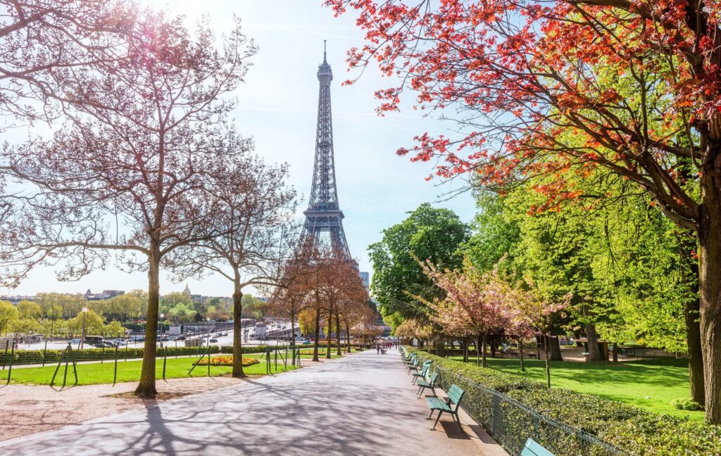 The Eiffel Tower and its surrounding Champs-de-Mars Garden in Spring